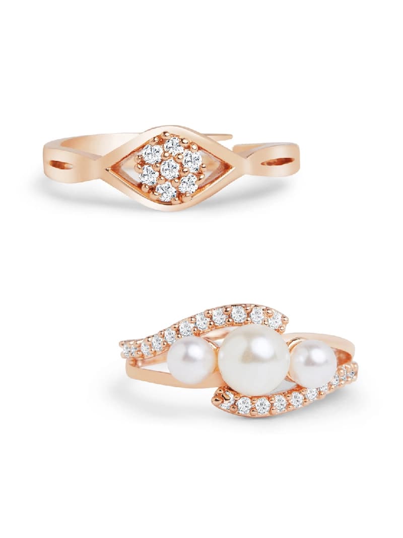 Women's Combo of 2 Rose Gold Contemporary Cubic Zirconia Brass Rings-ZPFK11195