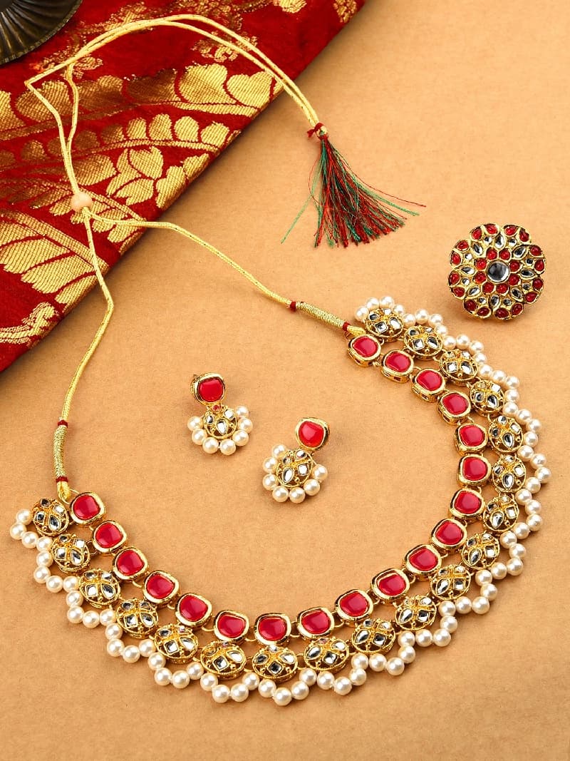 Women's Pink Kundan Casual Necklace Earring & Ring Set-ZPFK10776