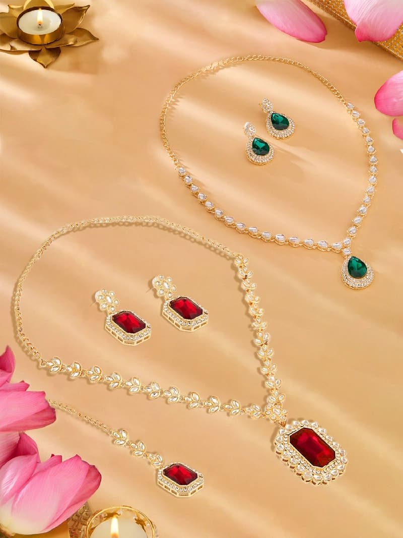 Women's Combo of 2 Red & Green Stones Austrian Diamonds Necklaces Earrings & Maangtikka Set-ZPFK18940