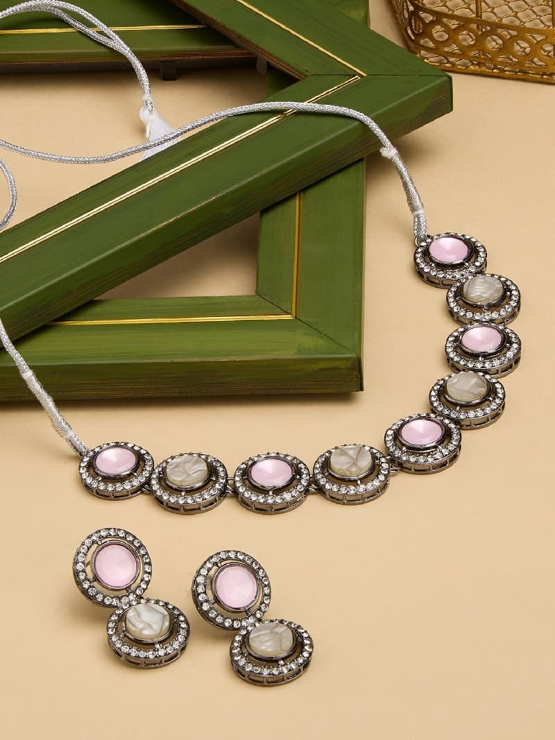 Women's Pink Stones Mother of Pearls Embellished Antique Black Choker Necklace & Earring Set-ZPFK17638