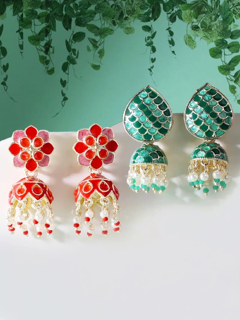 Women's Combo of 2 Green & Red Meenakari Ethnic Jhumki Earrings-ZPFK15117