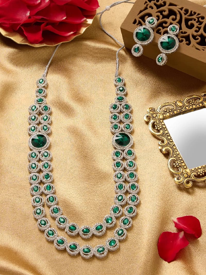 Women's Green Stones Dazzling Austrian Diamonds Embellished Layered Necklace & Earring Set-ZPFK21158