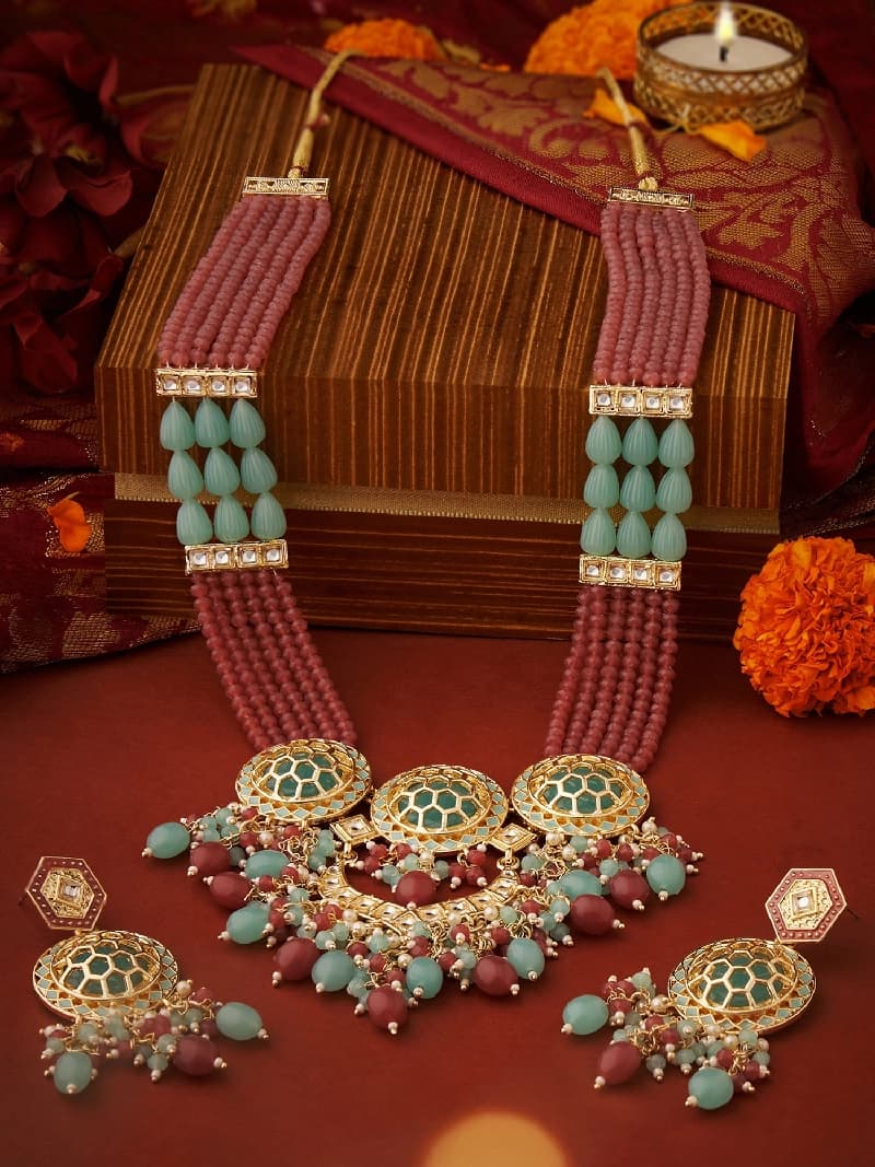 Women's Sky Blue & Pink Multistrand Beaded Kundan Bridal Long Necklace & Earring Set-ZPFK17590