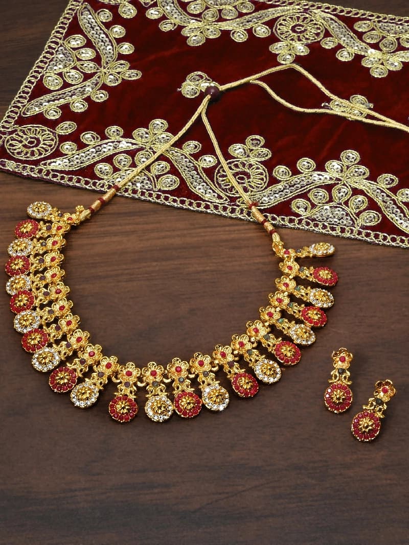 Women's Dazzling Pink Green Stones Embellished Floral Design Necklace & Earring Set-ZPFK8991