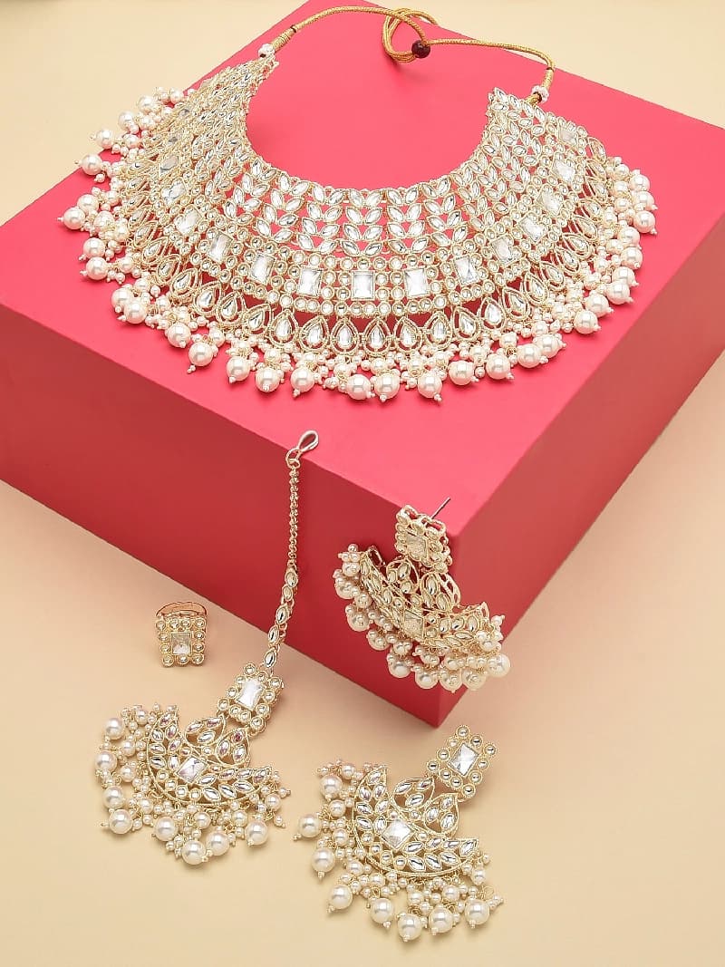 Women's Gold Tone Bridal Kundan Choker Necklace Earring Maangtikka & Ring Set-ZPFK12218