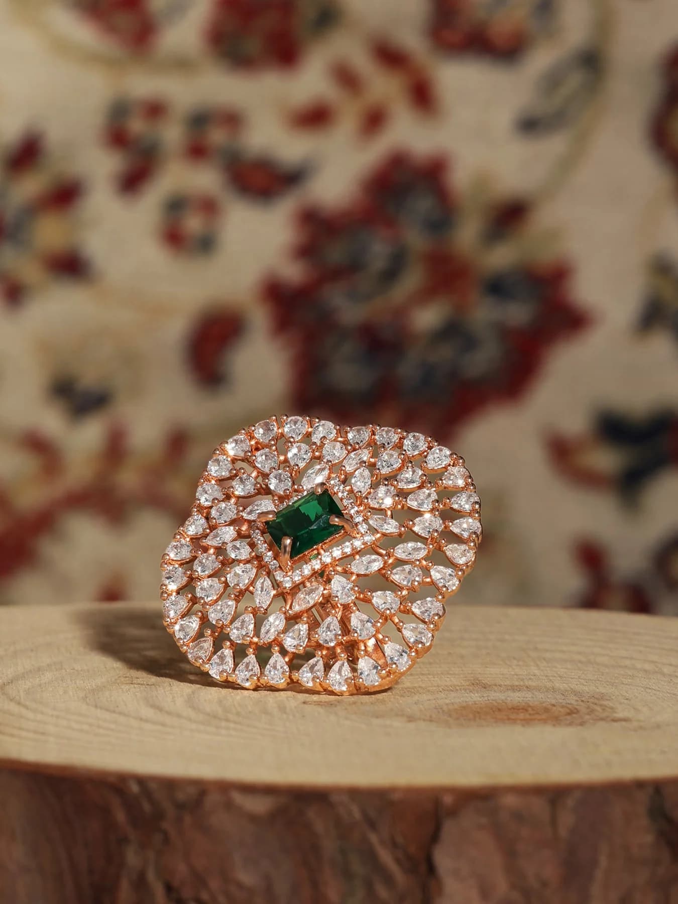 Women's Green Dazzling Cubic Zirconia Embellished Contemporary Brass Adjustable Ring-ZPFK17186