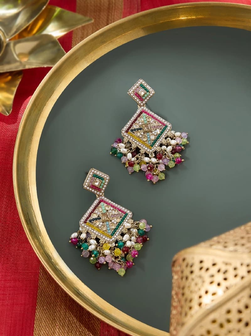Women's Multicolor Stones Beads Embellished Antique Ethnic Dangler Earring-ZPFK19172