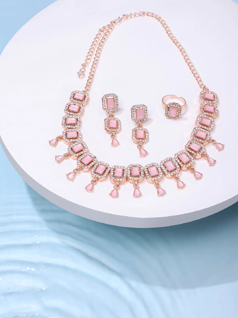 Women's Pink Dazzling Stones Sleek Choker Necklace Earring & Ring Set-ZPFK15144
