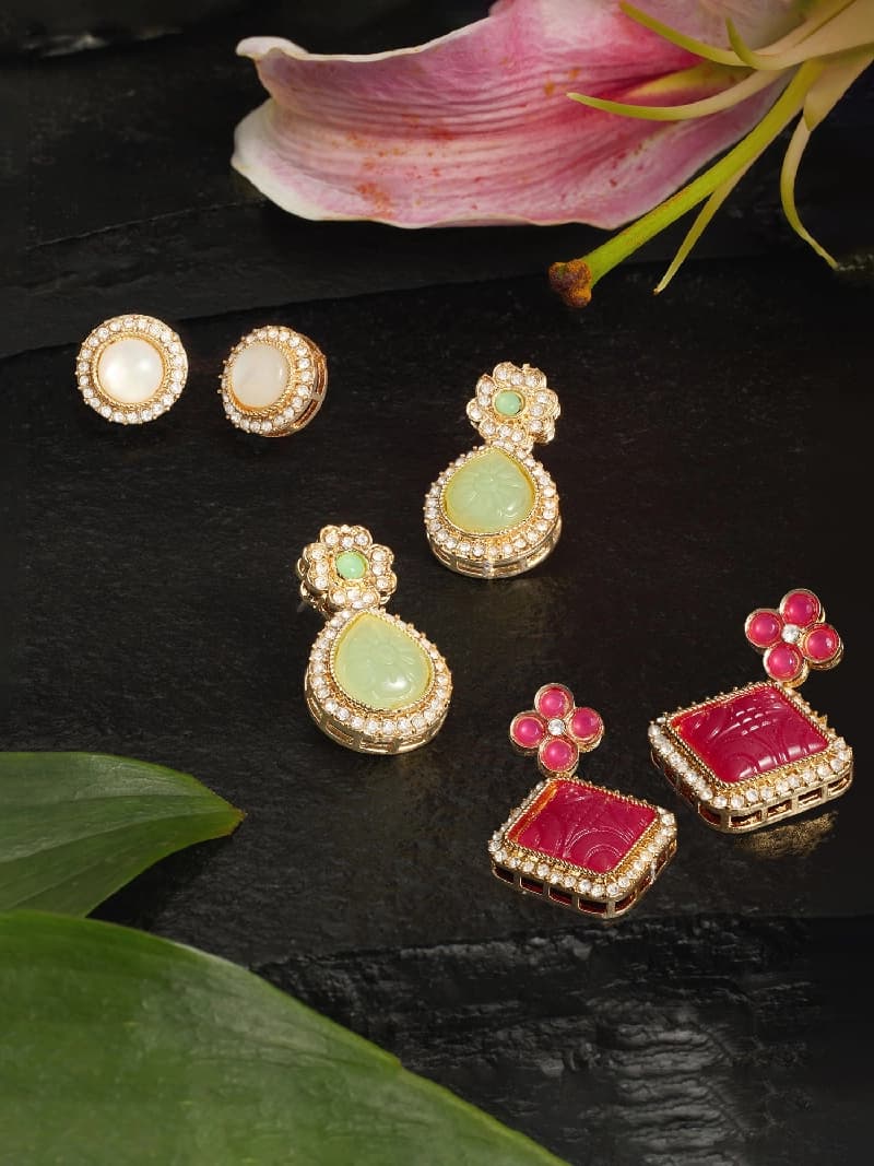 Women's Combo of 3 Rani Pink & Green Stones Embellished Minimal Studs & Drop Earrings-ZPFK18901