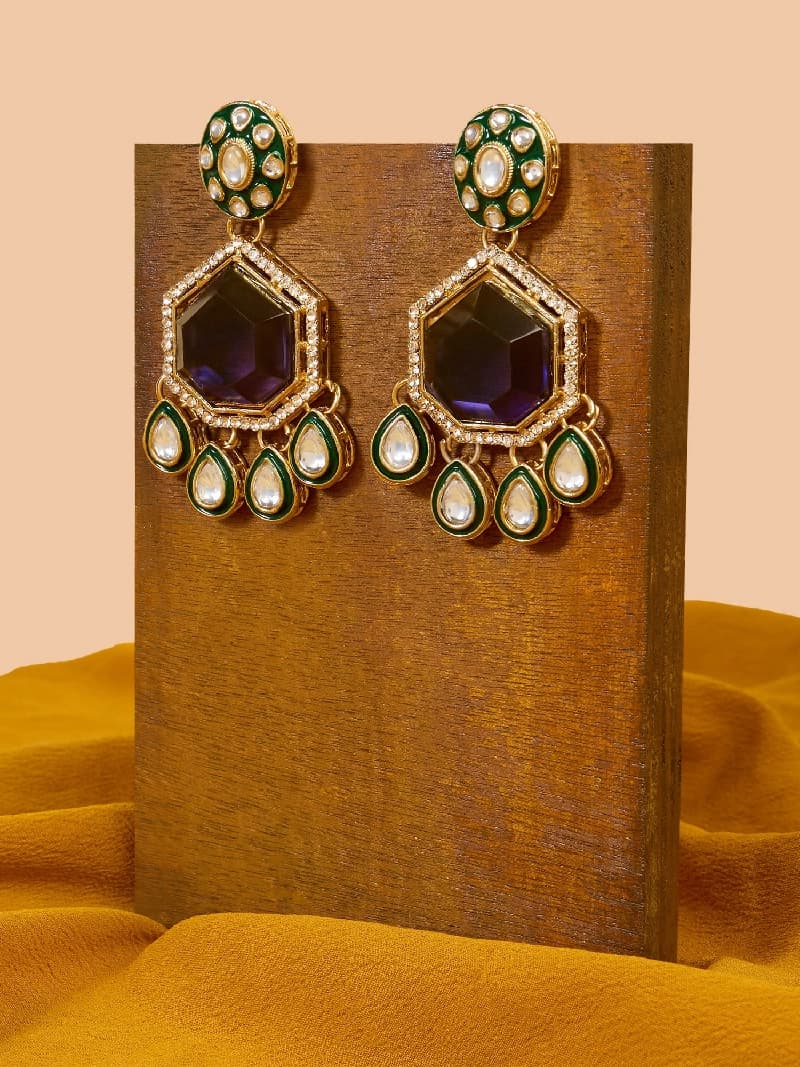 Women's Purple Stone Green Meenakari Austrian Diamonds Embellished Dangle Earring-ZPFK18065