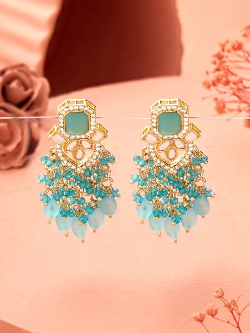 Women's Turquoise Blue Stone Cluster Beads & Austrian Diamonds Embellished Drop Earrings-ZPFK17668