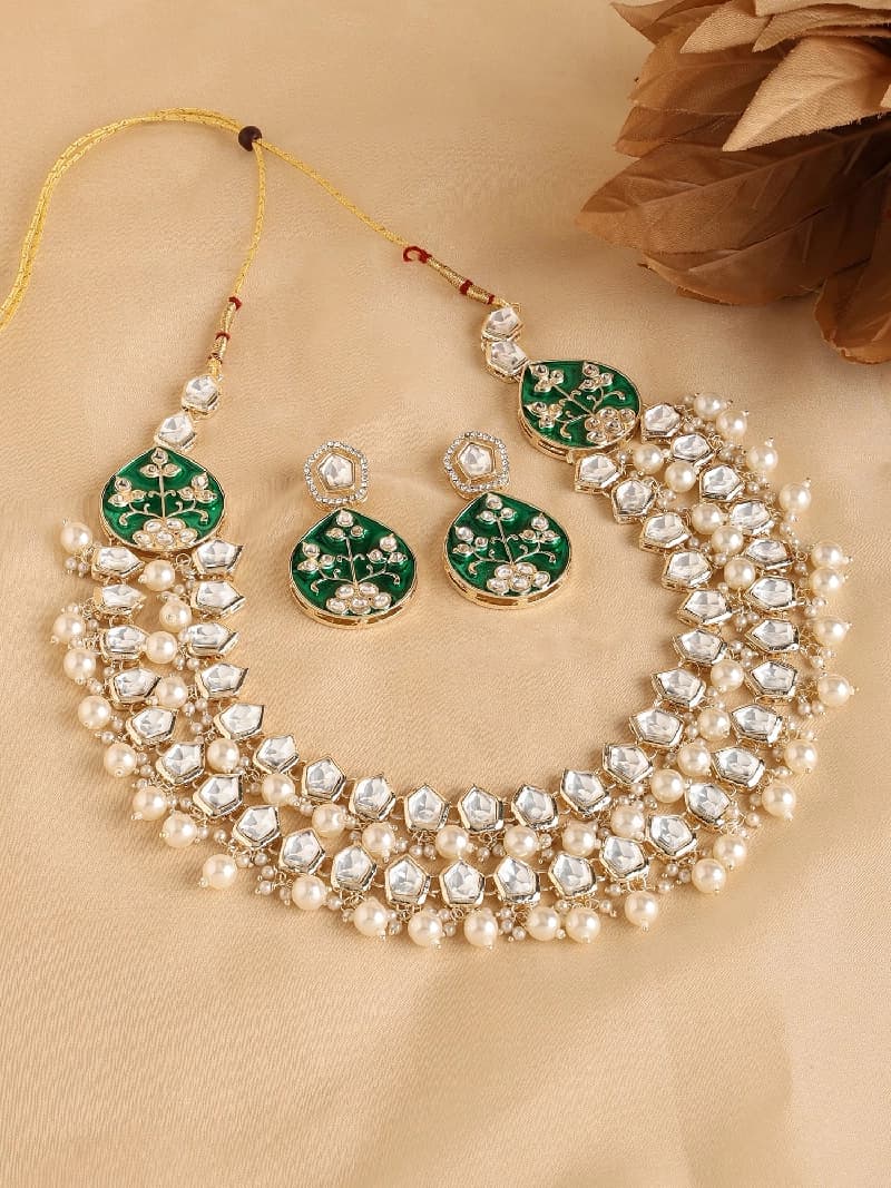 Women's Green Meenakari Dazzling Stones & Beads Layered Kundan Necklace & Earring Set-ZPFK17322