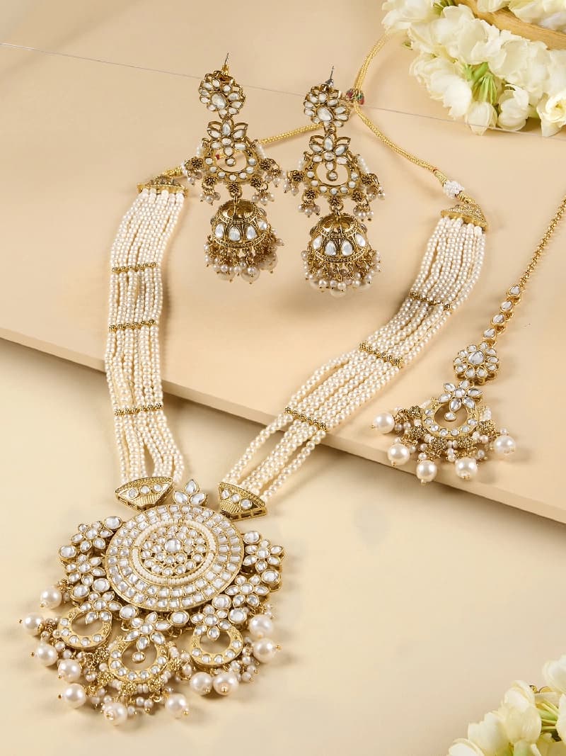 Women's Gold Tone Kundan Multistrand Beaded Long Bridal Necklace Earring Maangtikka Set-ZPFK18017