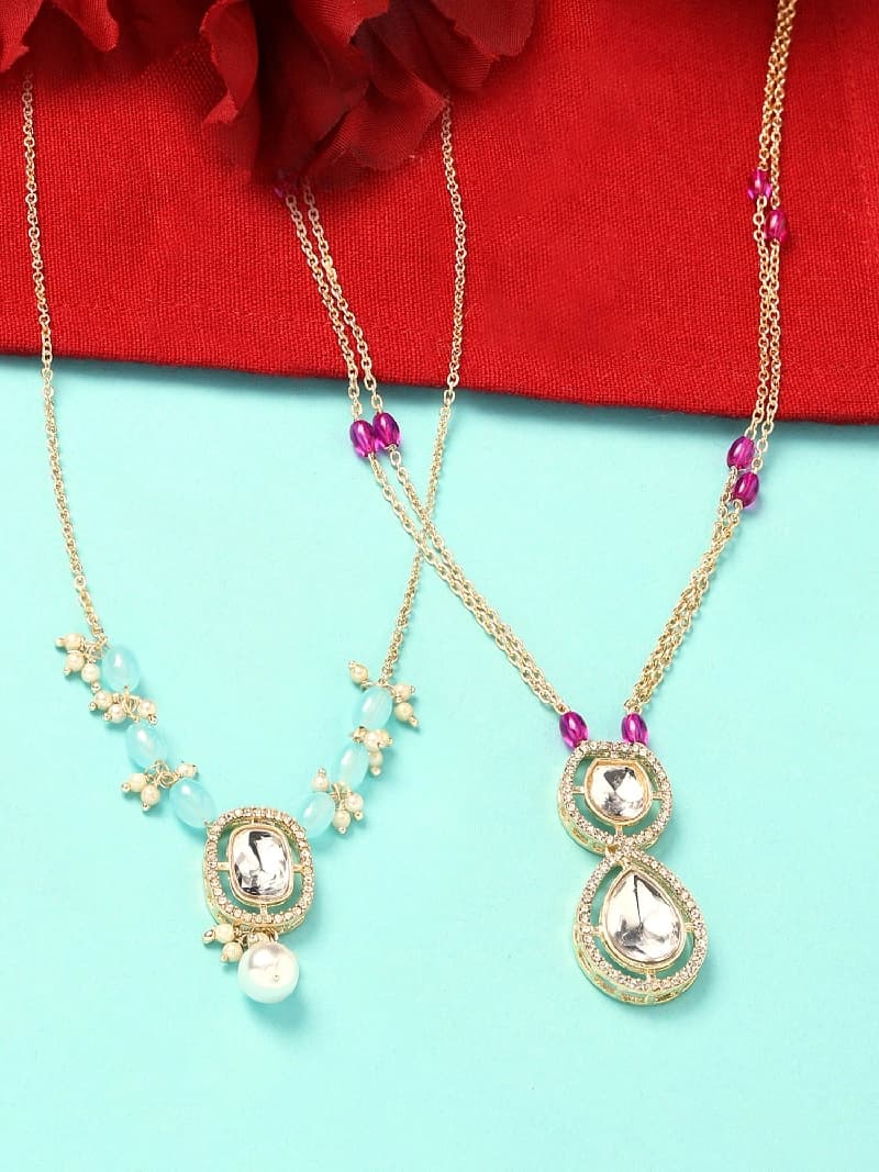 Women's Combo of 2 Turquoise Blue & Purple Austrian Diamonds & Beads Embellished Necklace Set-ZPFK16838