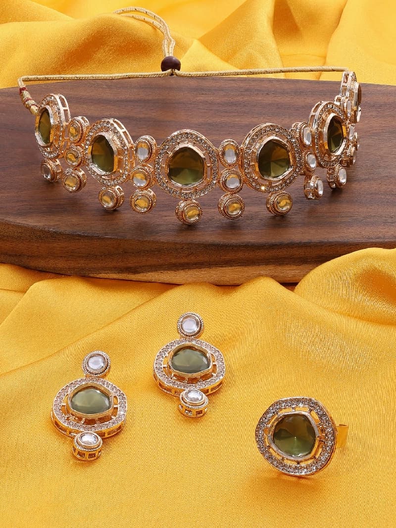 Women's Green Kundan & Austrian Diamonds Choker Necklace Earring & Ring Set-ZPFK16631