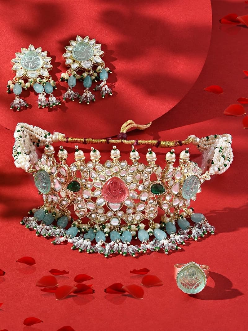 Women's Multicolor Multistrand Beaded Kundan Choker Necklace Earring & Ring Set-ZPFK15870