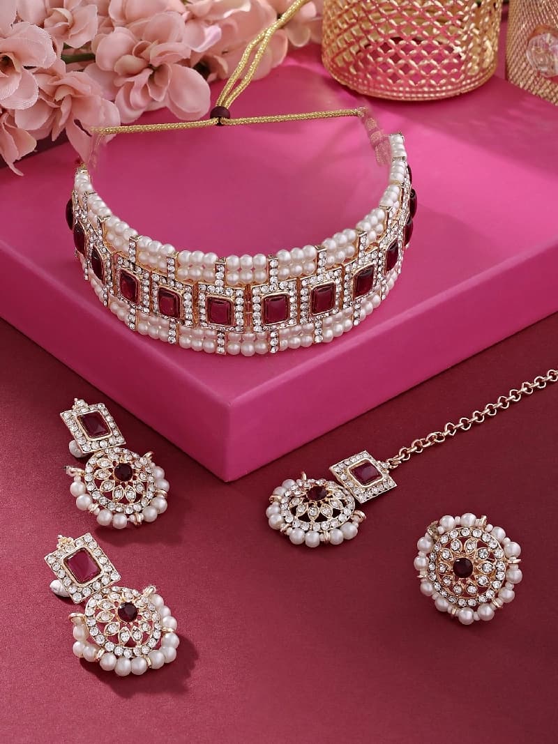 Women's Purple Stones Dazzling Austrian Diamonds Pearls Choker Necklace Earring Maangtikka & Ring Set-ZPFK16132