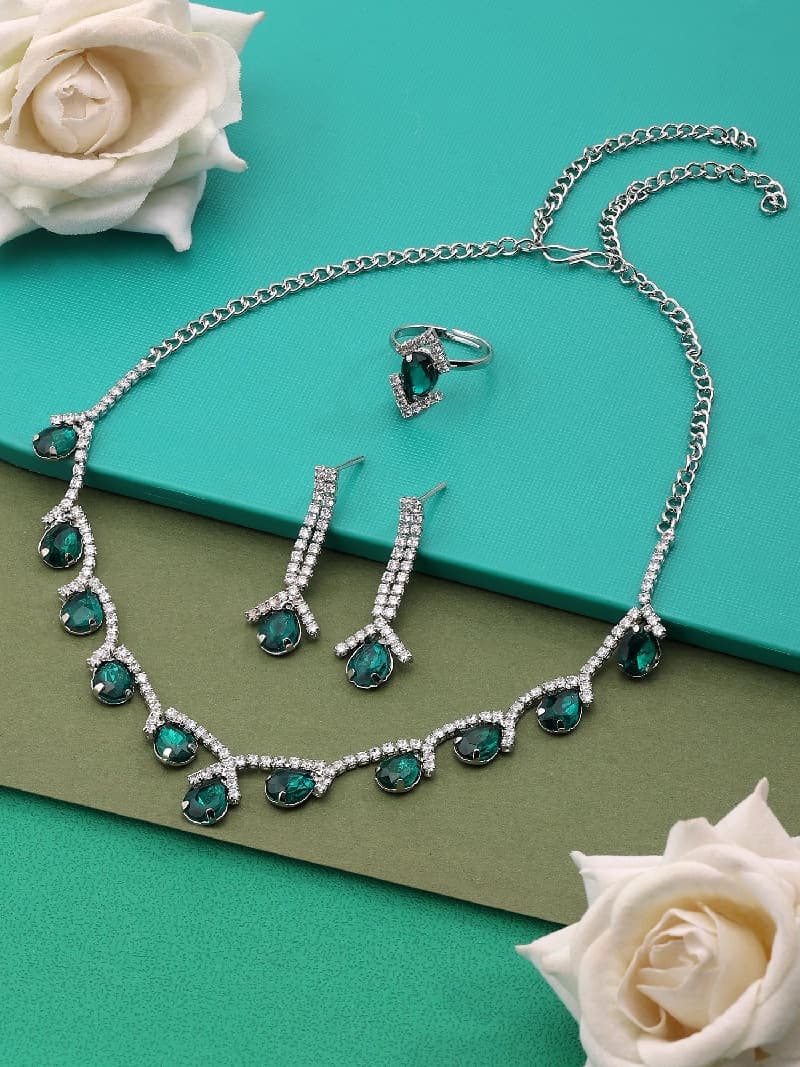 Women's Green Dazzling Austrian Diamonds Party Necklace Earring & Ring Set-ZPFK15942