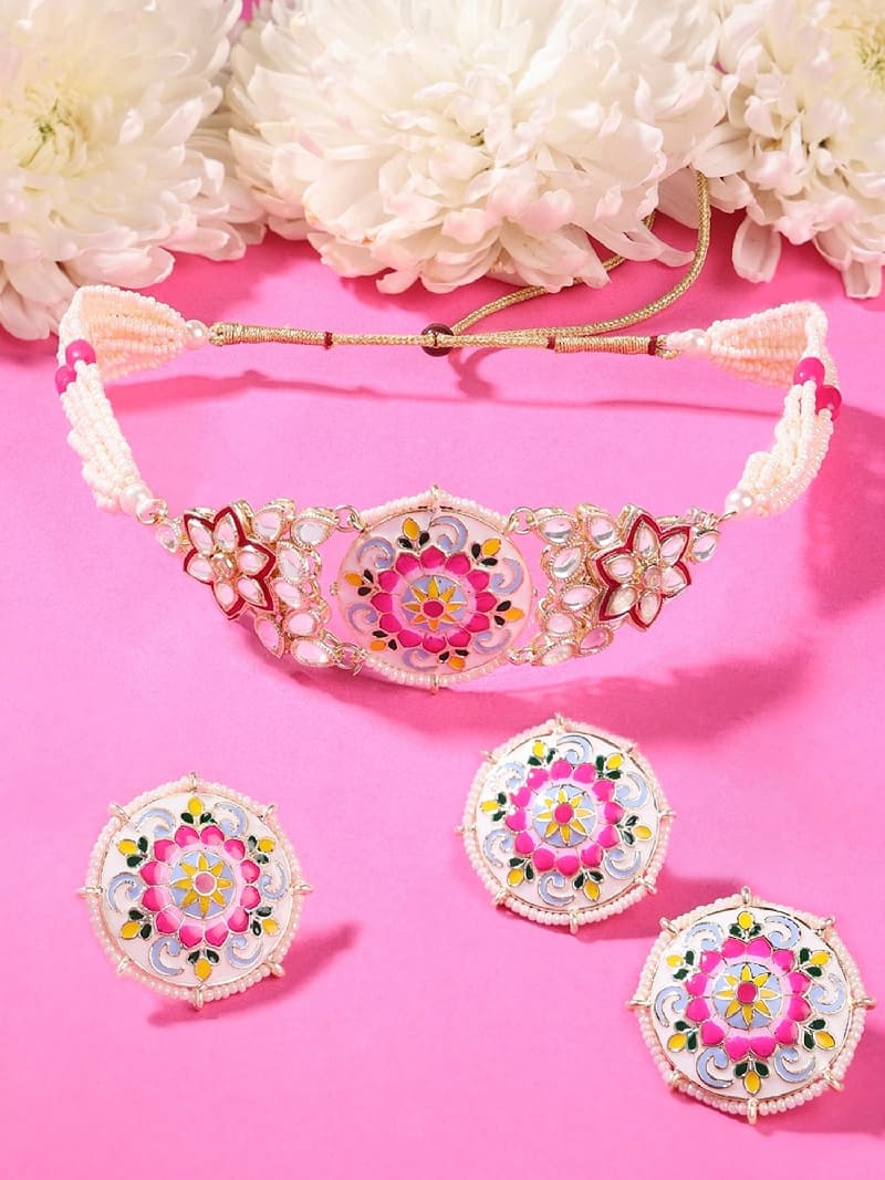 Women's Multicolor Meenakari Multistrand Choker Necklace Earring & Ring Set-ZPFK15846