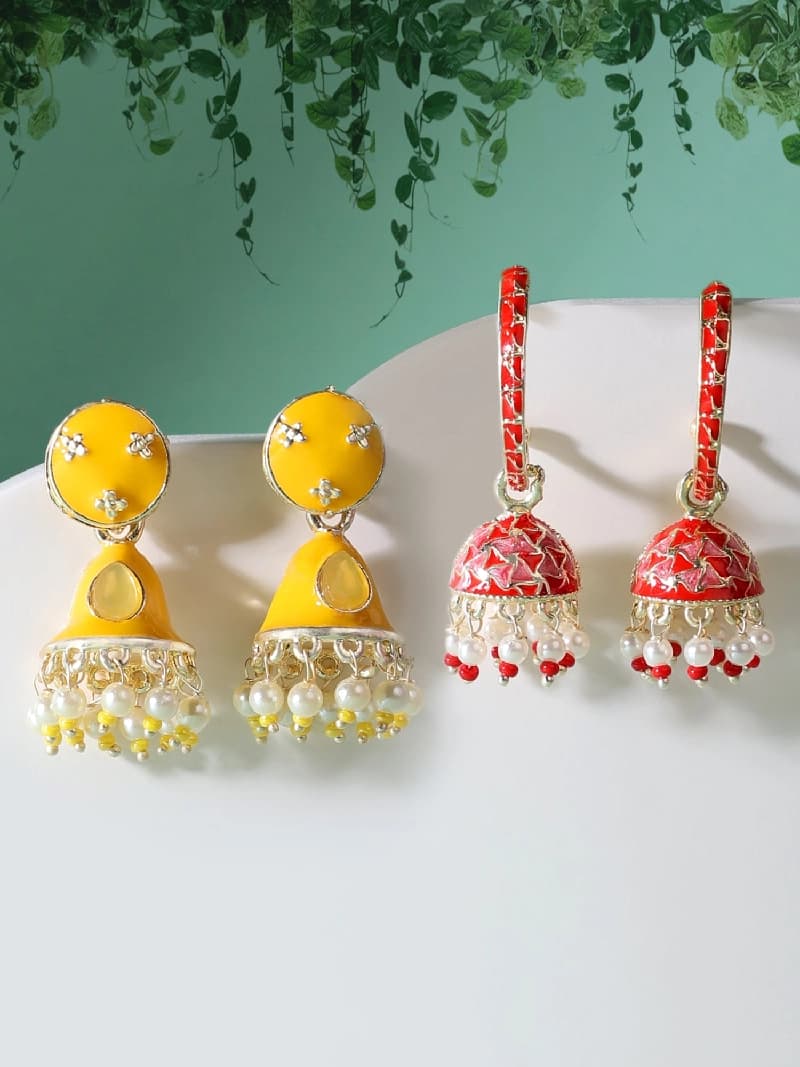 Women's Set of 2 Yellow & Red Meenakari Ethnic Jhumki Earrings-ZPFK15116