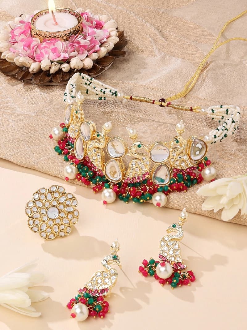 Women's Rani Pink & Green Cluster Beads Kundan Peacock Inspired Choker Necklace Earring & Ring Set-ZPFK14811