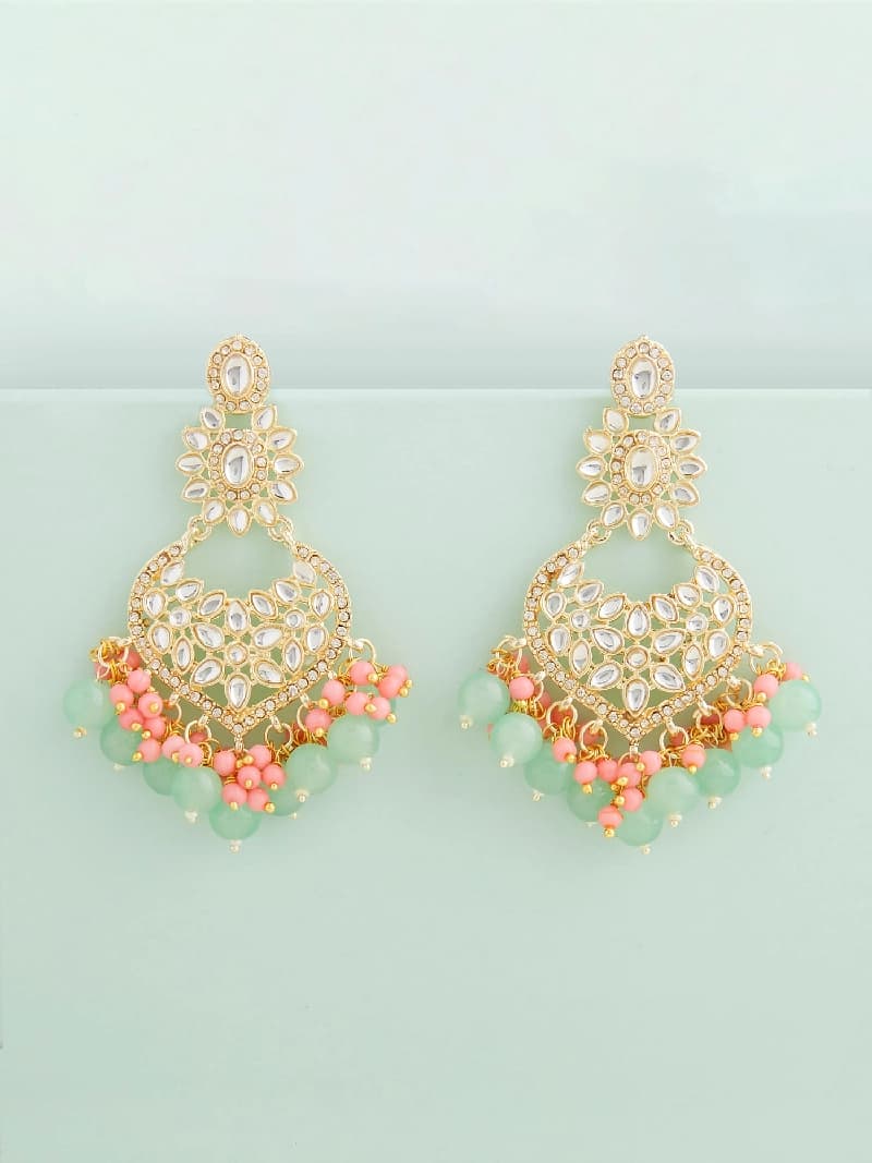 Women's Green & Pink Cluster Beads Kundan Ethnic Dangle Earring-ZPFK13547