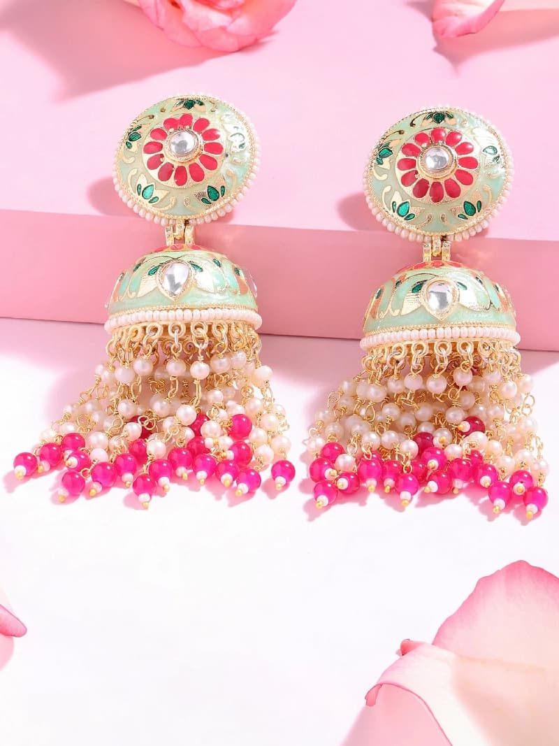 Women's Green & Pink Meenakari Floral Design Beaded Chain Fringe Jhumki Earring-ZPFK14651