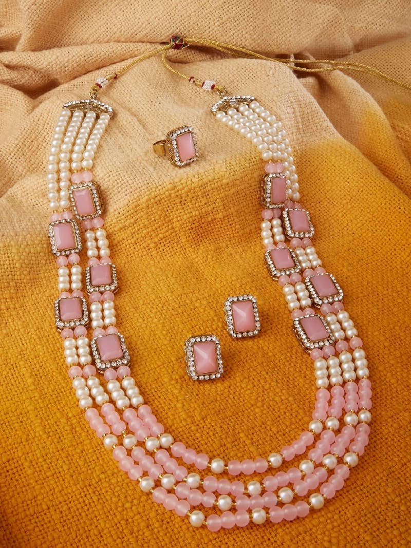 Women's Pink Stones & Beads Multi Layers Necklace Earring & Ring Set-ZPFK13625