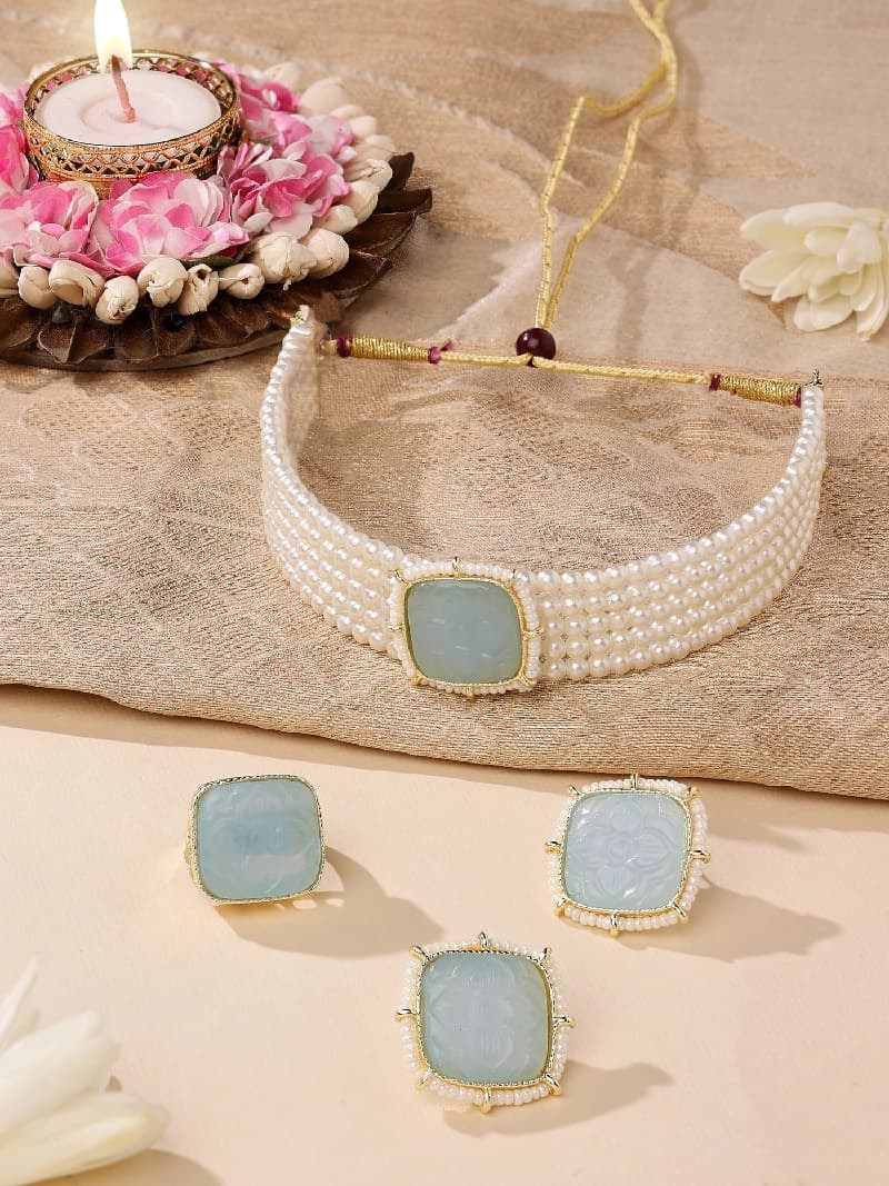 Women's Grey Stones Multistrand Pearls Choker Necklace Earring & Ring Set-ZPFK14819