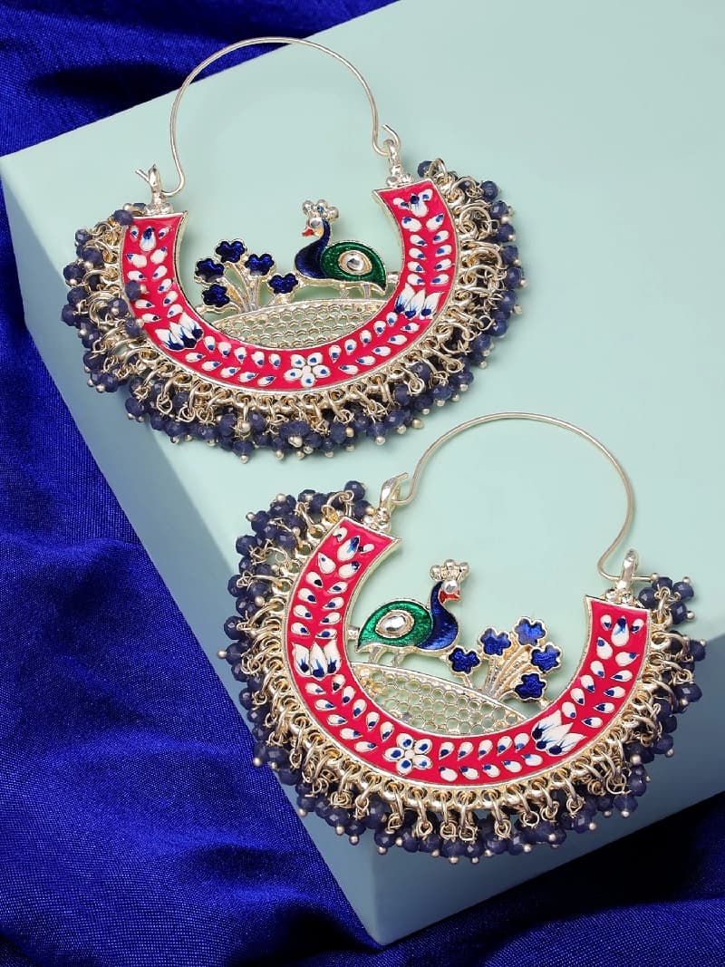 Women's Multicolor Meenakari Peacock Inspired Cresent Hoop Earrings-ZPFK14626