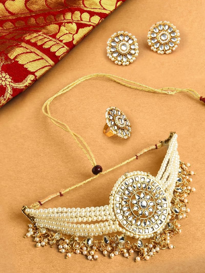 Women's Gold Tone Multistrand Kundan Choker Necklace Earring & Ring Set-ZPFK10769