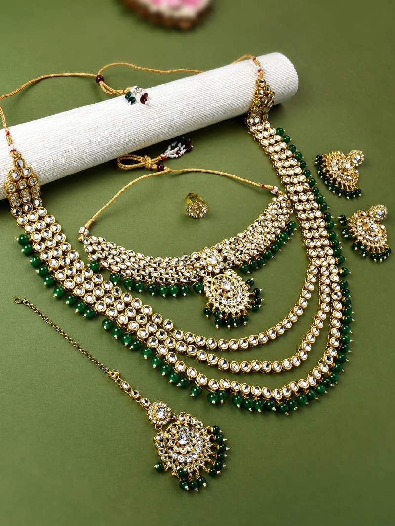 Women's Green Beads Bridal Kundan Choker & Long Necklace Earring & Maangtikka & Ring Set-ZPFK10842