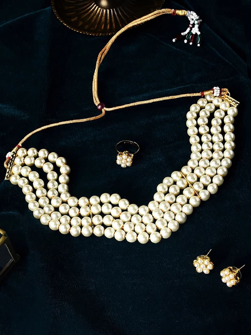 Women's Gold Tone Multistrand Pearls Beaded Choker Necklace Earring & Ring Set-ZPFK10836
