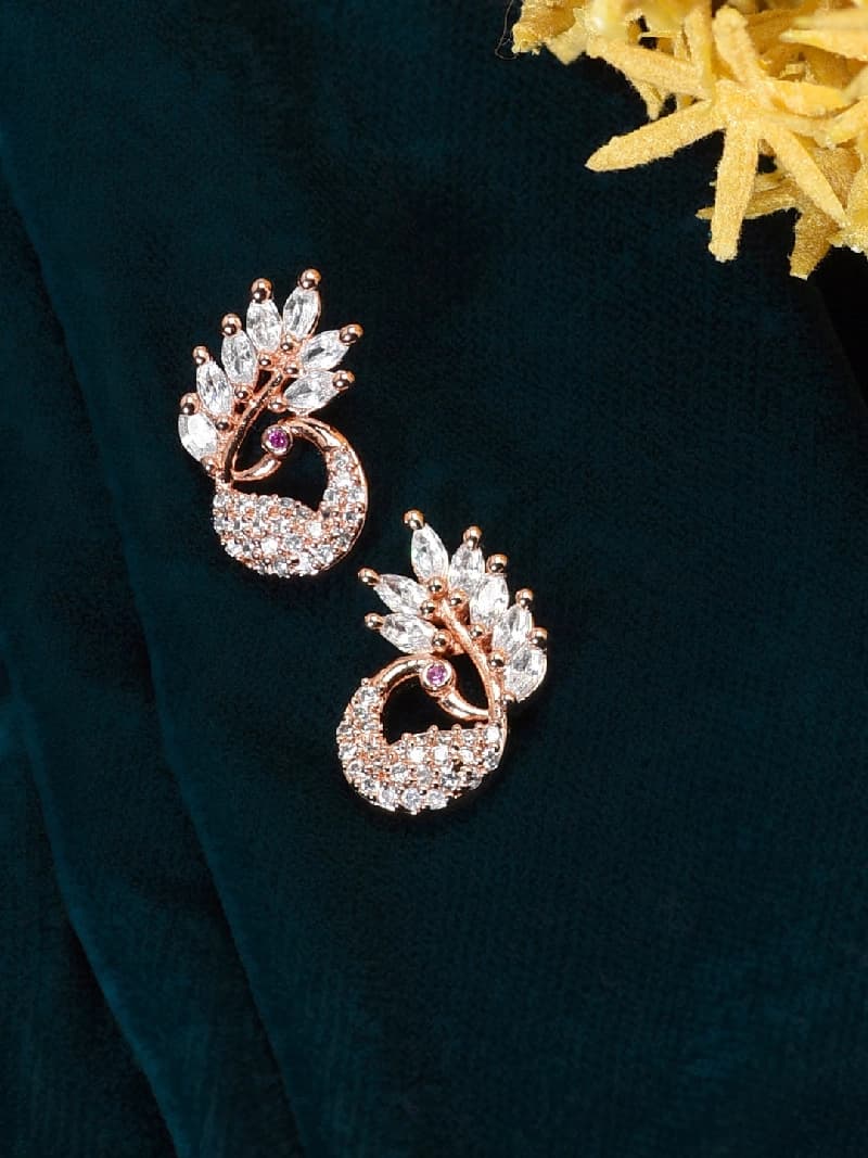 Women's Rose Gold Cubic Zirconia Peacock Inspired Contemporary Brass Stud Earring-ZPFK9777