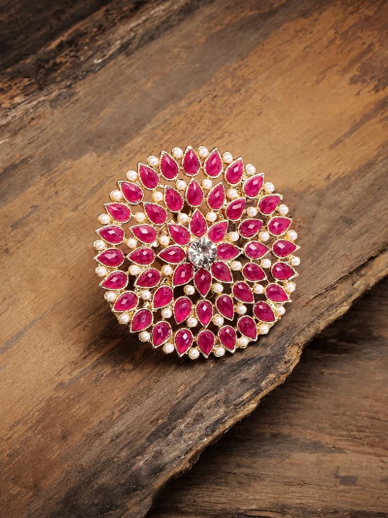 Women's Pink Stones Studded Flower Shape Casual Ring-ZPFK9148