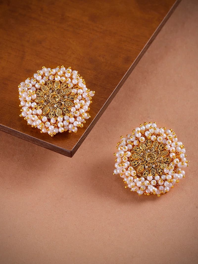 Women's Antique Gold Tone Cluster Pearls Embellished Statement Studs Earring-ZPFK8958