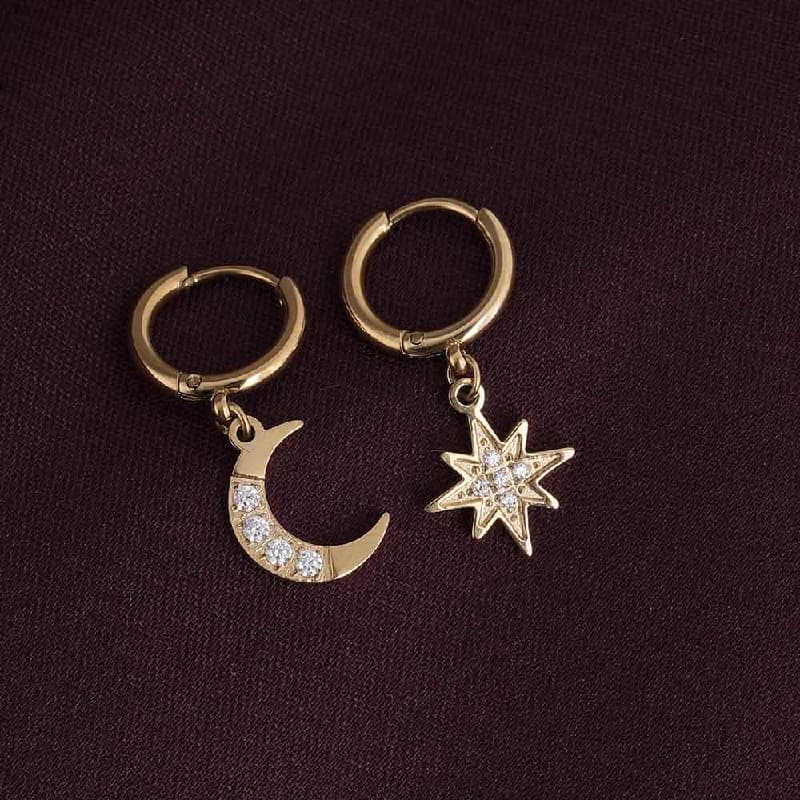 Women's Gold Plated Studded Star Moon Hoop Earrings Waterproof & Anti-Tarnish