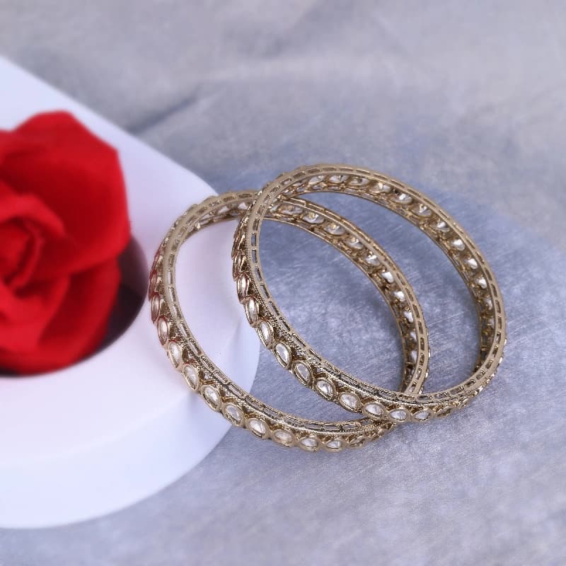 Women's Fabulous Oval Shape Stone Antique Gold Plated Bangles - Set of 2