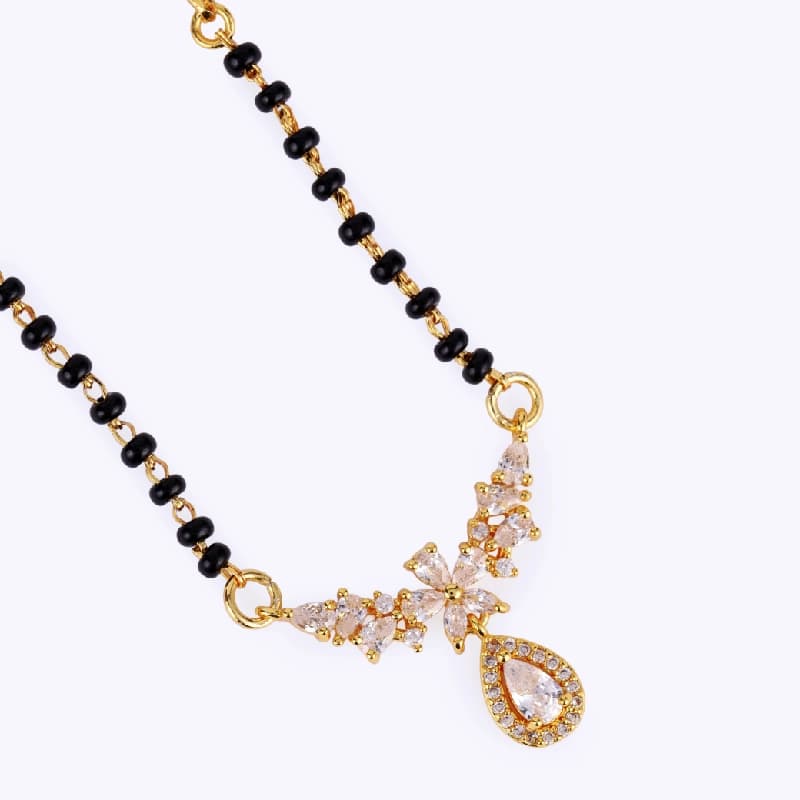 Women's Casual Graceful Oval and Flower Design Gold Plated Black Beaded Adjustable Chain Mangalsutra