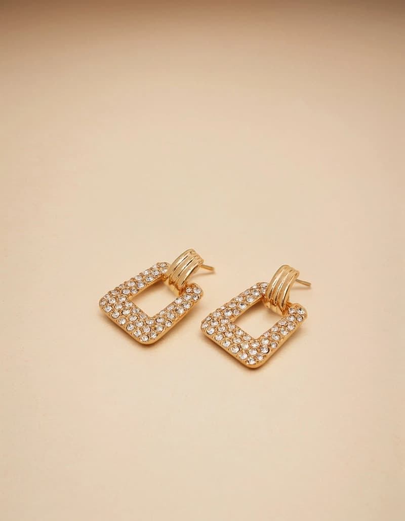 Women's Gold Diamante Square Doorknocker Earrings