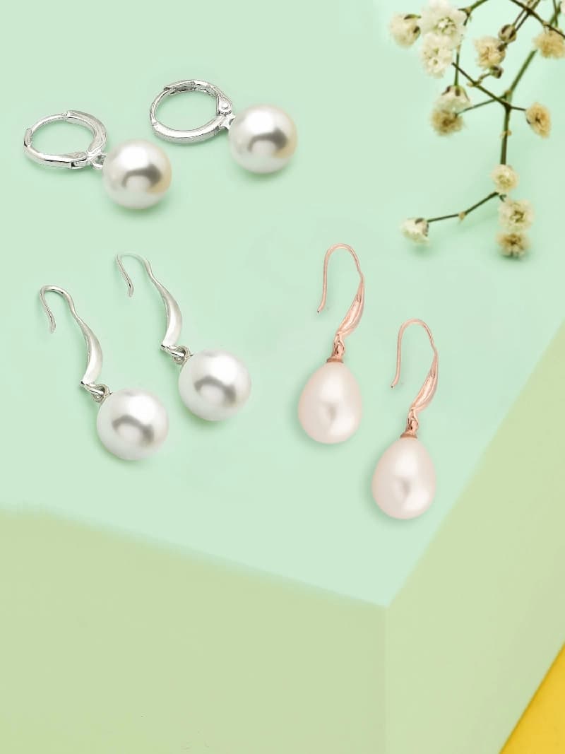 Women's Silver and Rose Tone Contemporary Pearl Drop Earrings - Pack of 3