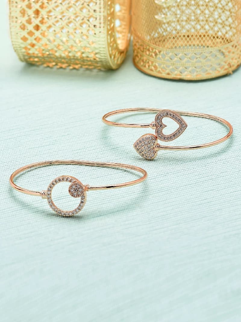 Women's Rose Gold Cubic Zirconia Brass Bangle Style Kada - Pack of 2