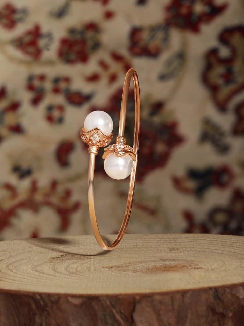 Women's Rose Gold Tone Dazzling Cubic Zirconia and Pearls Embellished Brass Kada Style Bracelet