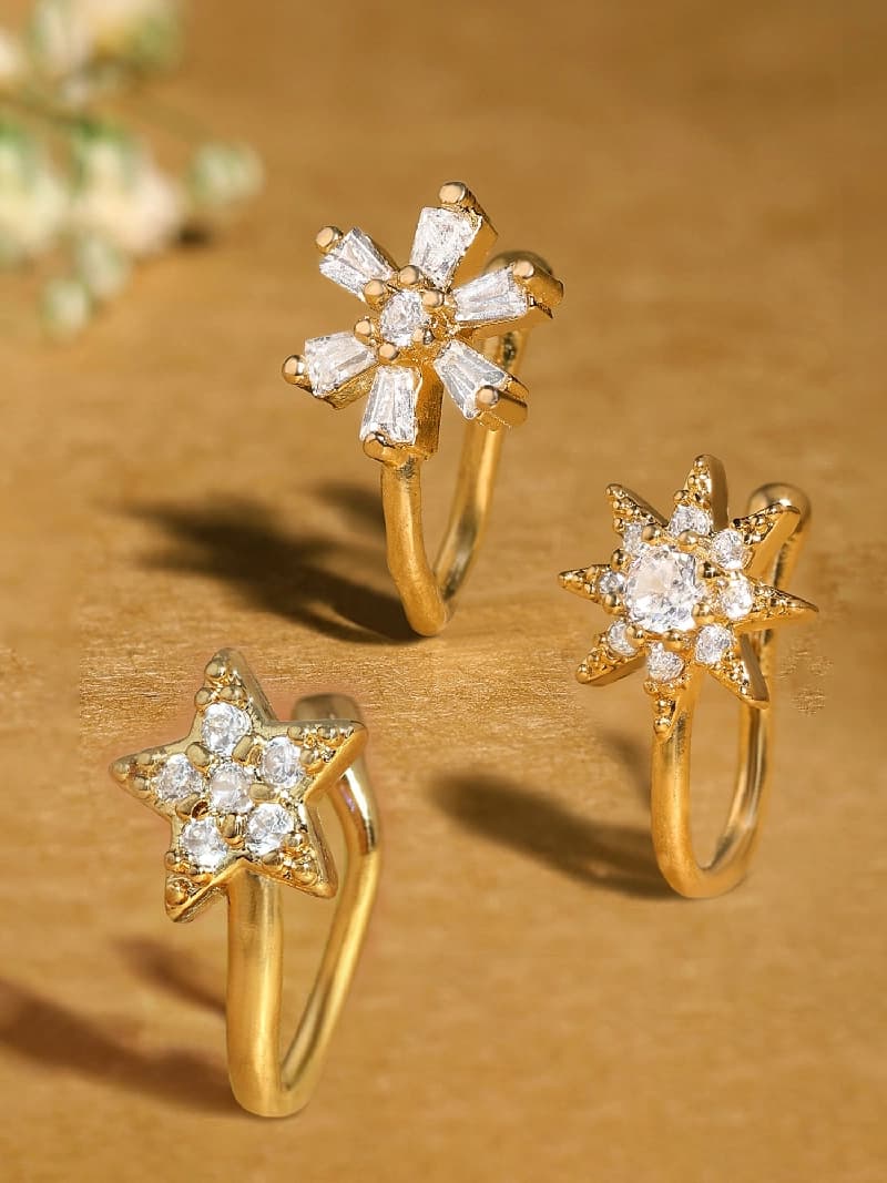 Women's Gold Tone Cubic Zirconia Contemporary Brass Clip On Nose Ring - Pack of 3