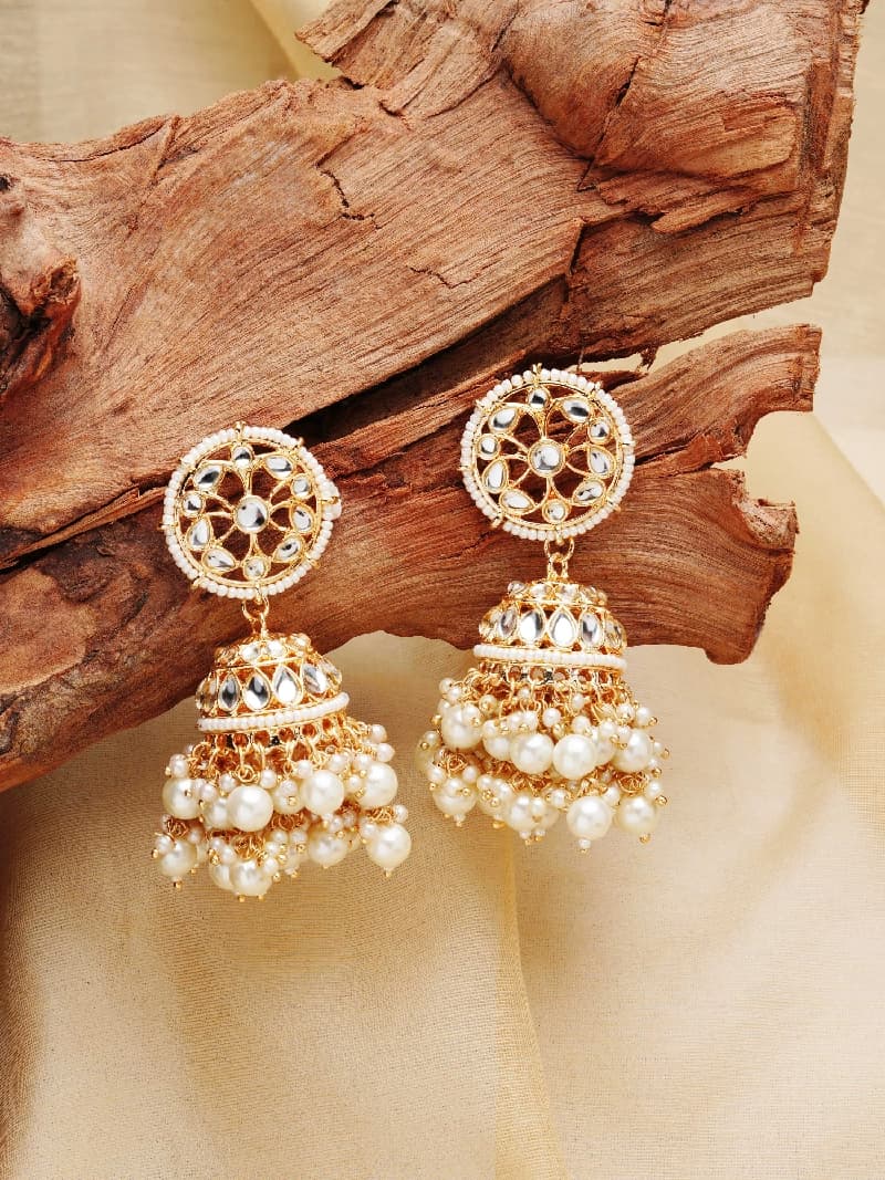 Women's Gold Tone Traditional Kundan and Pearls Jhumki Earring