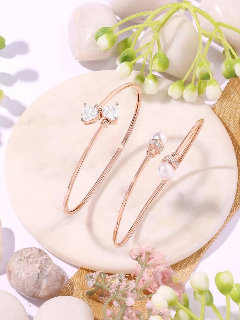 Women's Rose Gold Tone Contemporary Cubic Zirconia Pearls Brass Kada Style Bracelet - Pack of 2