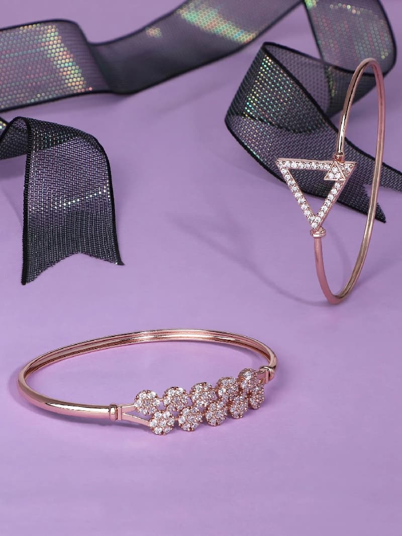 Women's Rose Gold Contemporary Cubic Zirconia Brass Kada Style Bracelet - Set of 2