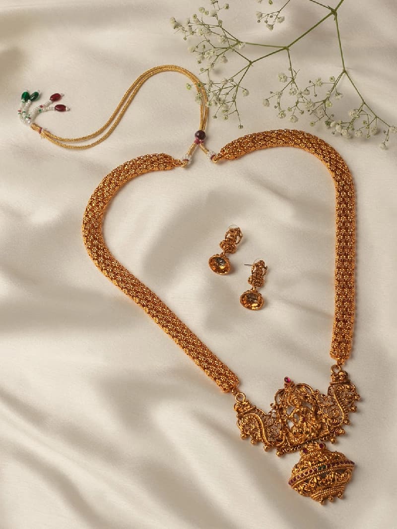 Women's Antique Gold Tone Bridal Collection Long Temple Necklace and Earring Set