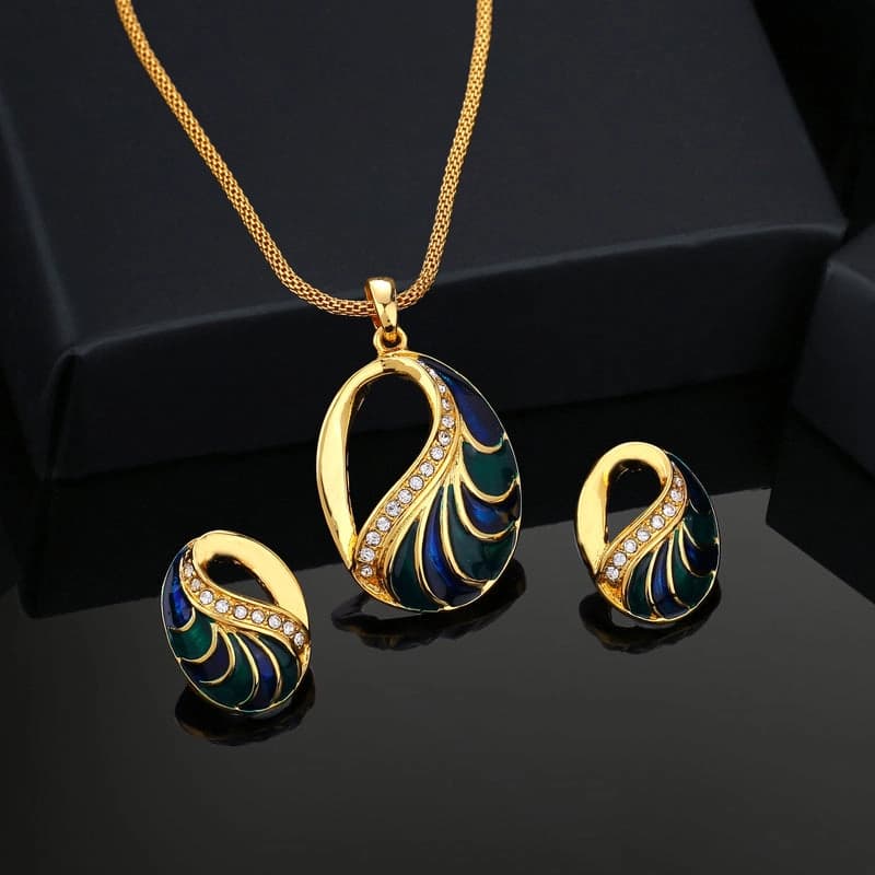 Women's Gold Plated Oval Designer Pendant Necklace Set with Crystals