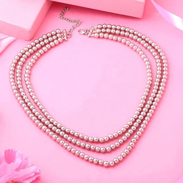 Women's Rhodium Plated Elegant 3 Line Purple Pearl Necklace